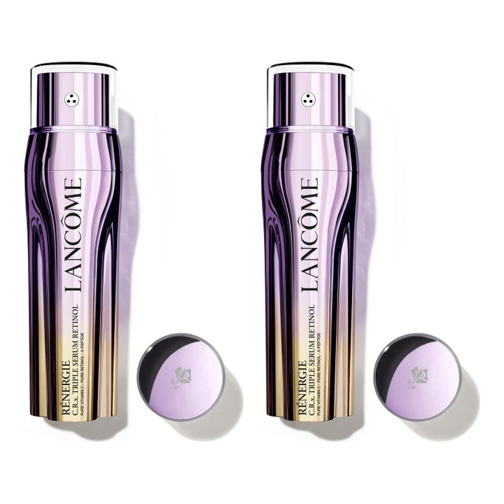 Lancôme Rénergie C.R.X. Triple Serum Retinol 50ml anti-age serum i to lilla og gullfargede flasker med klart lokk.
