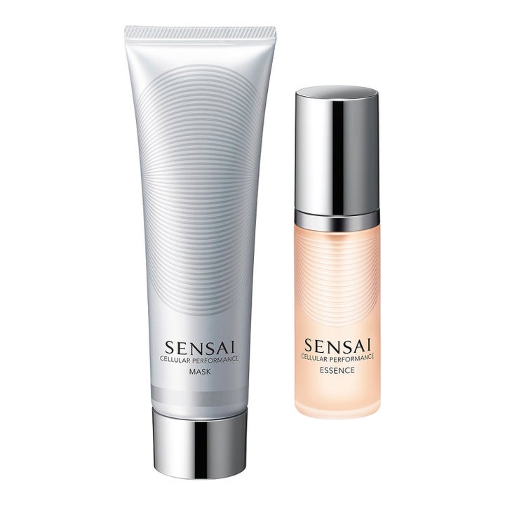 Sensai Cellular Performance Mask 100ml og Essence 40ml ansiktspleie i sølvtube og ferskenfarget glassflaske.