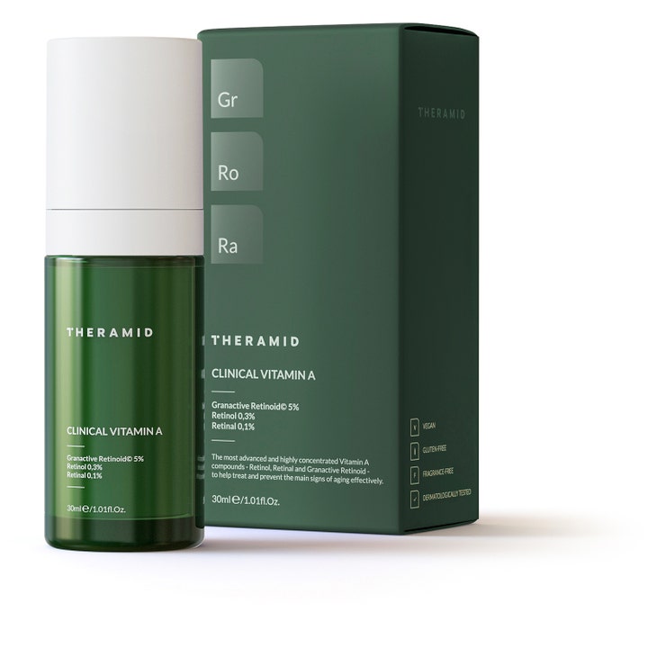 Niche Beauty Lab Theramid Clinical Vitamin A 30 ml serum med retinol og retinal i grønn flaske med hvit kork og eske.
