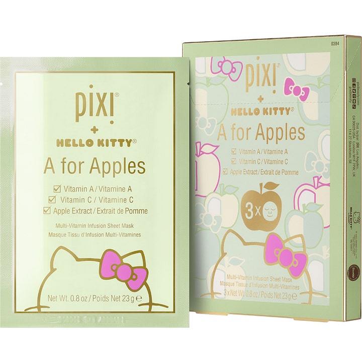 Pixi + Hello Kitty A for Apples 3 x 23 g sheet mask med vitamin A og C i lysegrønn forpakning med epler og Hello Kitty