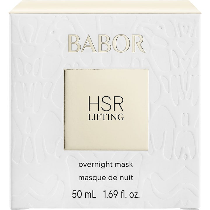Babor HSR LIFTING Overnight Mask 50 ml oppstrammende ansiktsmaske i hvit eske med preget mønster og gullfarget midtfelt