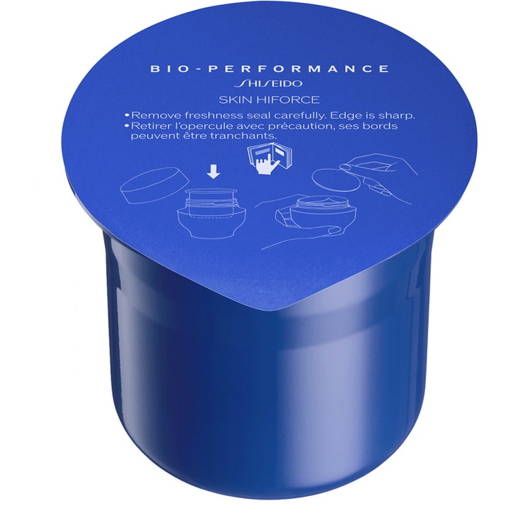 Shiseido Bio-Performance Skin HiForce 50 ml oppstrammende ansiktskrem i blå refill-kapsel med instruksjoner på lokket