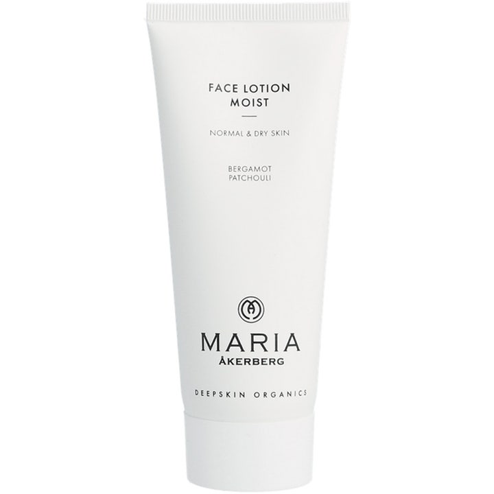 Maria Åkerberg Face Lotion Moist 100 ml fuktighetsgivende ansiktskrem for tørr hud i en hvit tube med sort tekst.