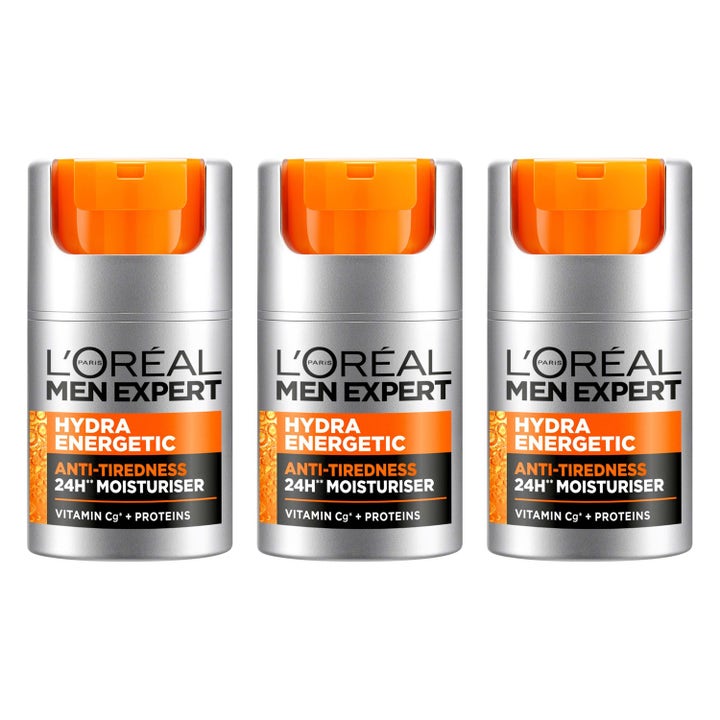 L'Oréal Men Expert Hydra Energetic 3x50 ml ansiktskrem mot tretthetstegn i søvfarget flaske med oransje detaljer