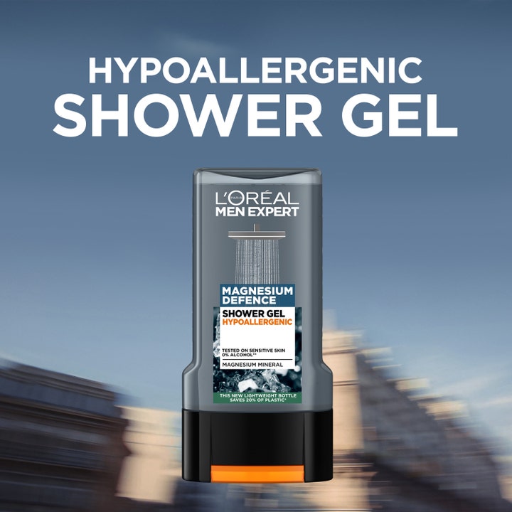 L'Oréal Paris Men Expert Magnesium Defence 300 ml hypoallergen dusjsåpe i grå flaske med magnesium mineraler