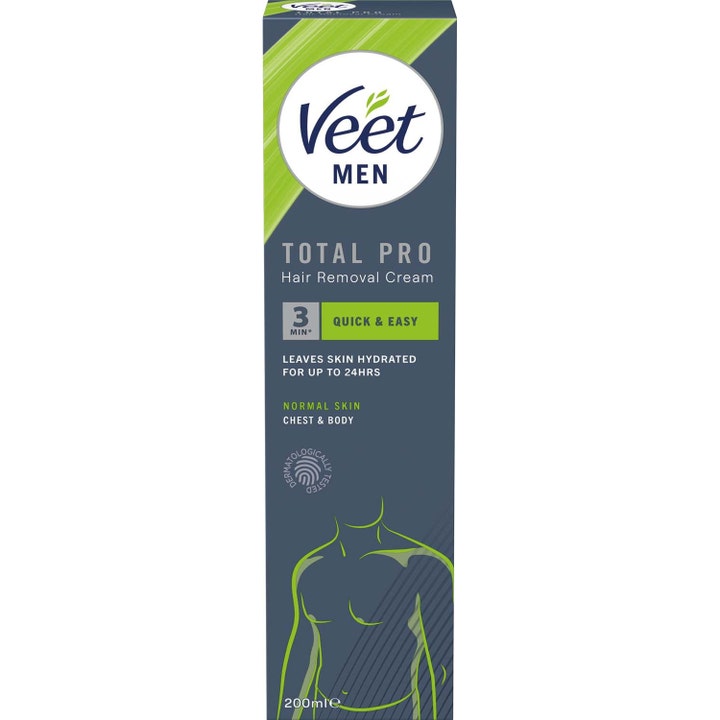 Veet Men Total Pro 200ml hårfjerningskrem gir fuktighet i blå og grønn pappeske med illustrasjon av mannstorso.