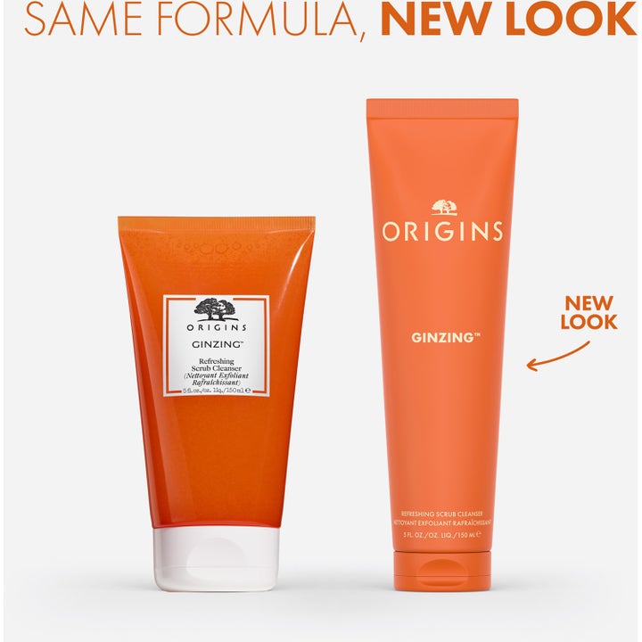 Origins GinZing Refreshing Scrub Cleanser 150 ml oppfriskende ansiktsskrubb i gammel og ny oransje forpakning.