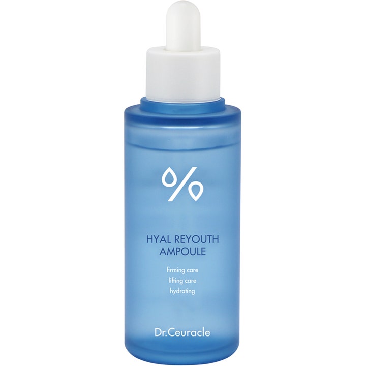 Dr. Ceuracle Hyal Reyouth Ampoule 50 ml fuktighetsgivende serum gir økt fasthet i blå frostet glassflaske med hvit pipette.