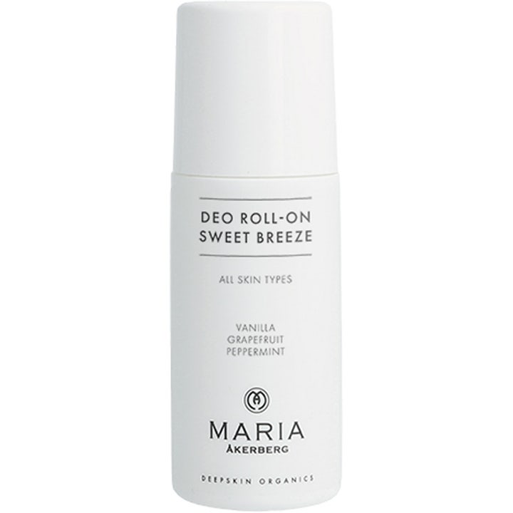 Maria Åkerberg Deo Roll-On Sweet Breeze 60ml gir friskhet med grapefrukt og peppermynte i en hvit plastbeholder.