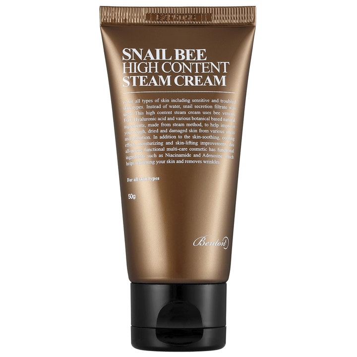Benton Snail Bee High Content Steam Cream 50g beroligende ansiktskrem med snegle-ekstrakt i en brun tube med sort kork