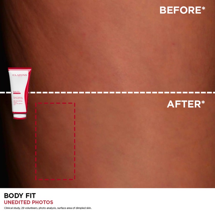 Clarins Body Fit Active Skin Smoothing Expert 200 ml kroppskrem med før- og etterbilde som viser synlig glattere hud.