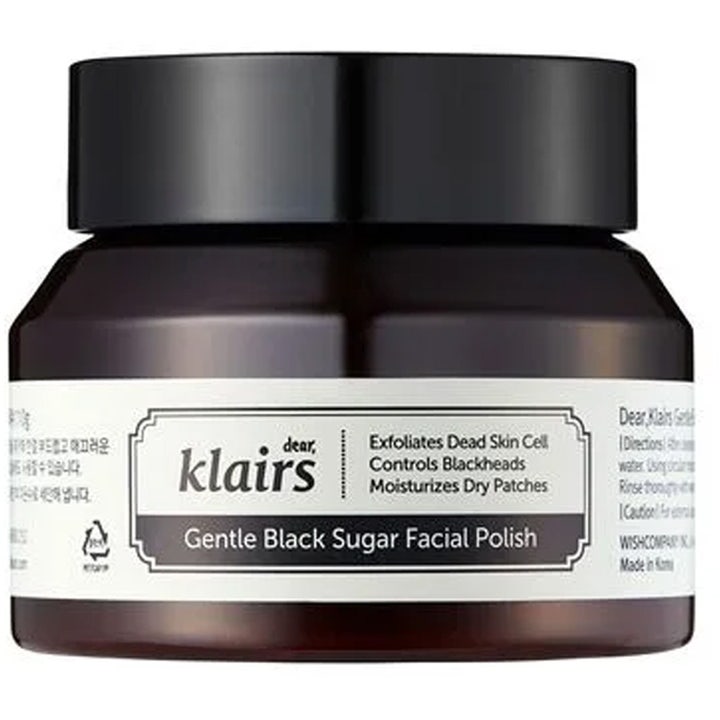 Klairs Gentle Black Sugar Facial Polish 110g eksfolierende ansiktsskrubb mørk brun krukke med hvit etikett og svart lokk