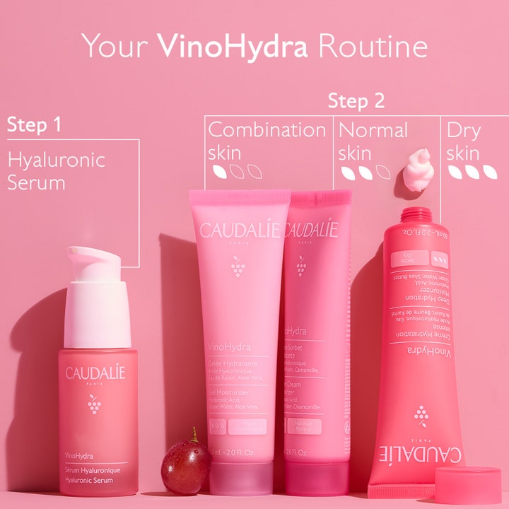 Caudalie Vinohydra Deep Hydration Moisturizer 60 ml fuktighetskrem i en rosa hudpleierutine for ulike hudtyper.