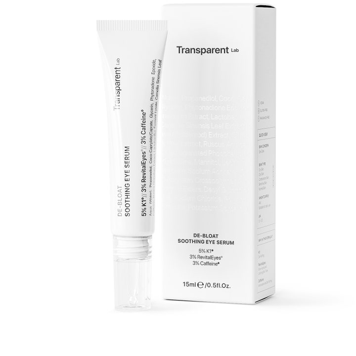 Niche Beauty Lab Transparent Lab De-Bloat Soothing Eye Serum 15 ml beroligende øyeserum i hvit tube og eske