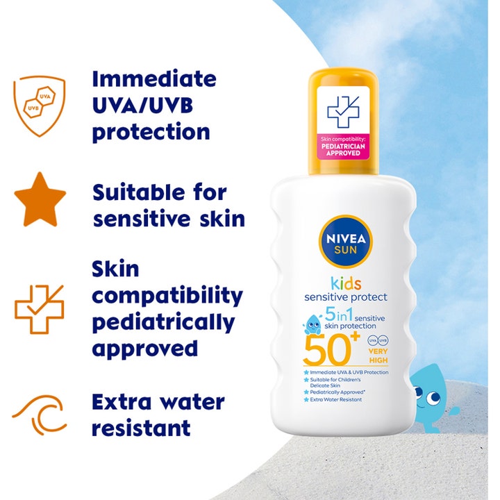NIVEA Sun Kids Protect & Sensitive Spray SPF50+ 200 ml vannresistent solkrem i hvit sprayflaske med gult lokk.