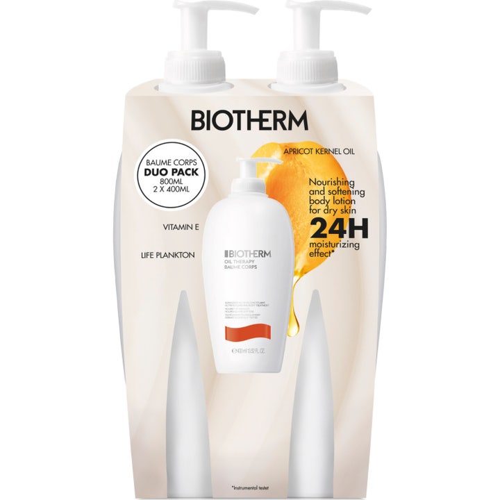 Biotherm Oil Therapy Baume Corps Duo Pack 800ml nærende bodylotion med aprikoskjerneolje i to hvite pumpeflasker.