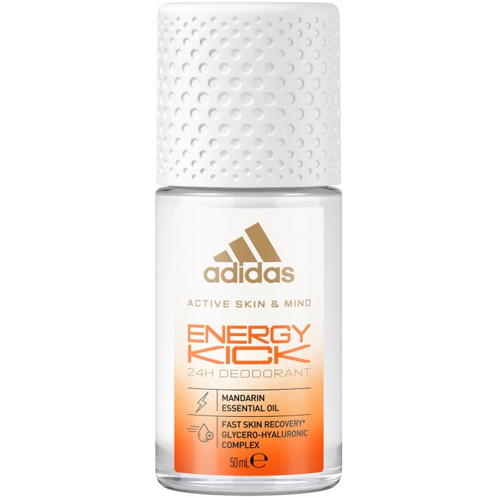Adidas Active Skin & Mind Energy Kick 50 ml roll-on deodorant gir energi i en glassflaske med hvit mønstret kork