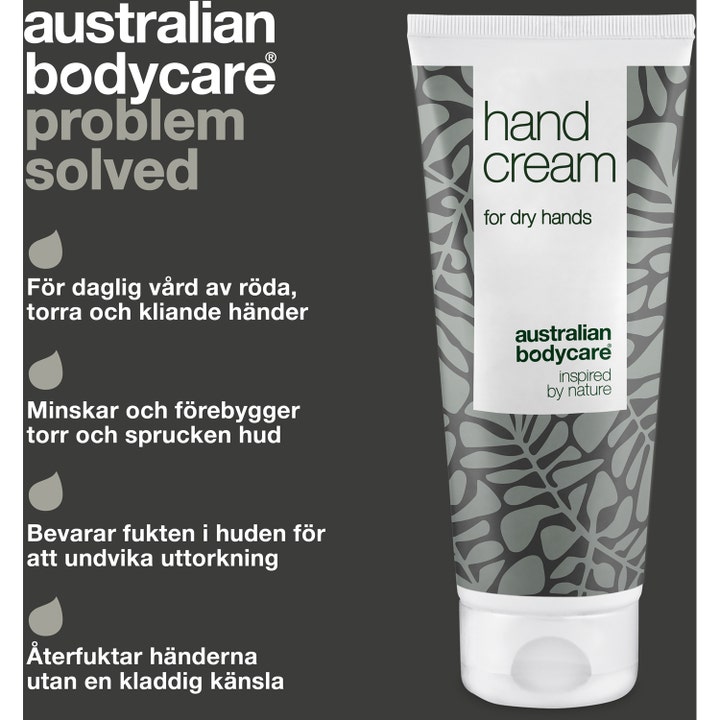 Australian Bodycare Hand Cream 100 ml fuktighetsgivende håndkrem i hvit tube med grått bladmønster og produktinfo