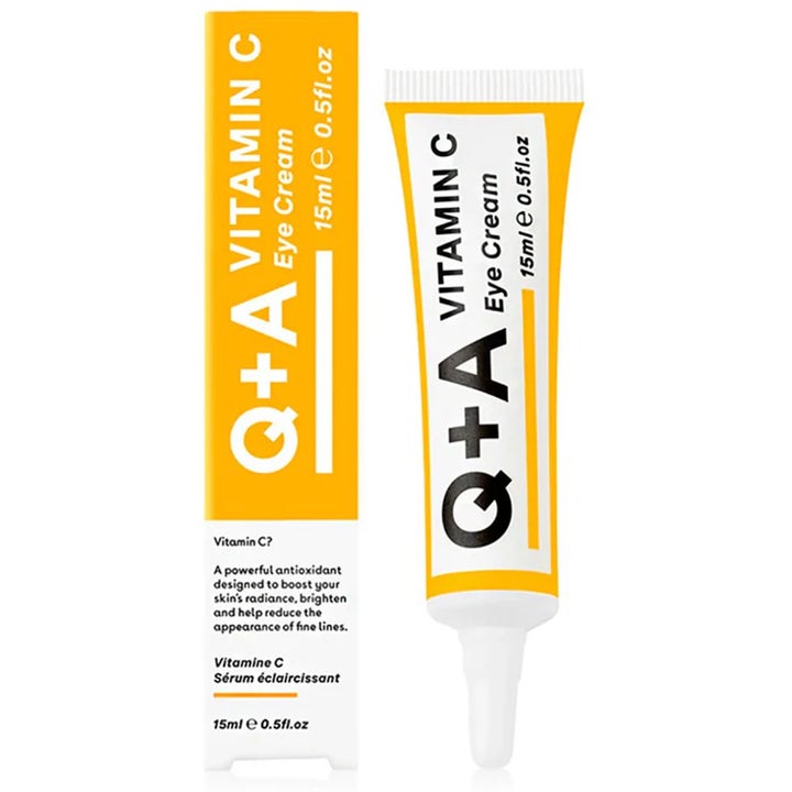 Q+A Vitamin C Eye Cream 15ml opplysende øyekrem som gir glød i hvit og gul tube ved siden av esken
