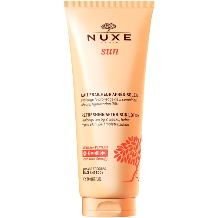 Nuxe Sun Refreshing After-Sun Lotion 200 ml beroligende fuktighetskrem i ferskenfarget tube.