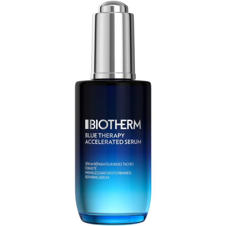 Biotherm Blue Therapy Accelerated Serum reparerende ansiktsserum i blå glassflaske med sølvfarget pipette