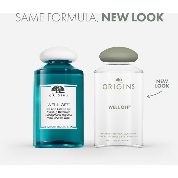 Origins Well Off Fast and Gentle Eye Makeup Remover 150 ml viser overgangen fra blå til ny klar flaske med grått lokk.