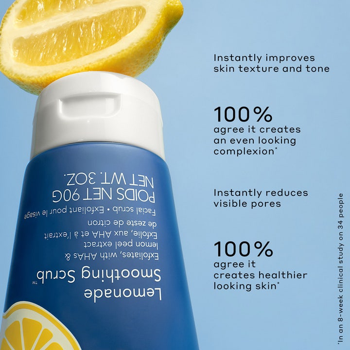 Ole Henriksen Lemonade Smoothing Scrub 90 ml peeling på blå tube med sitronskive som gir jevnere hudtone