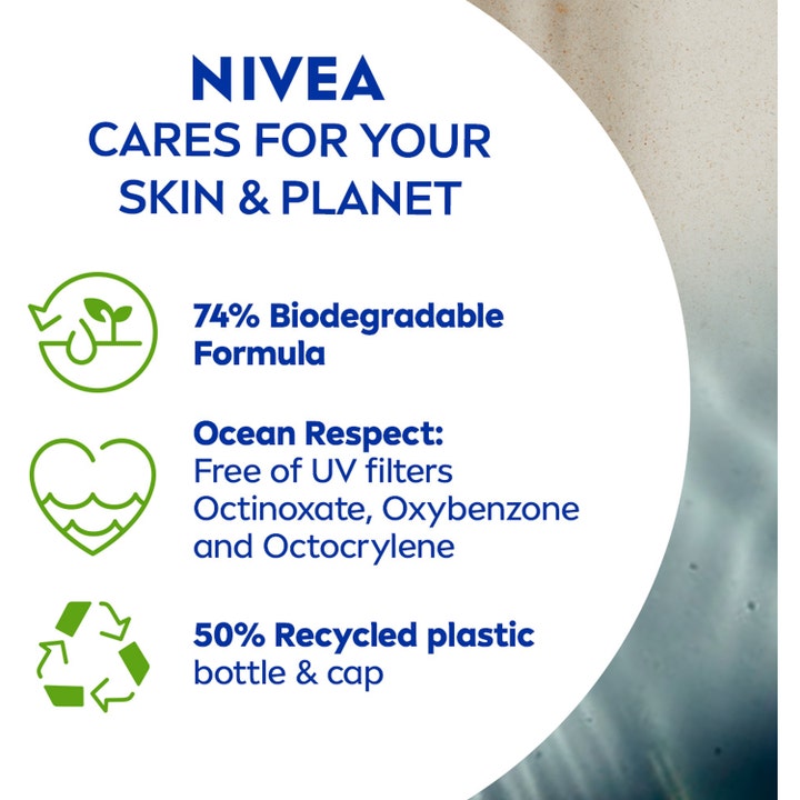 NIVEA Sun UV Face Anti Age Q10 Cream 50 ml solkrem viser havvennlige filtre og biologisk nedbrytbar formel
