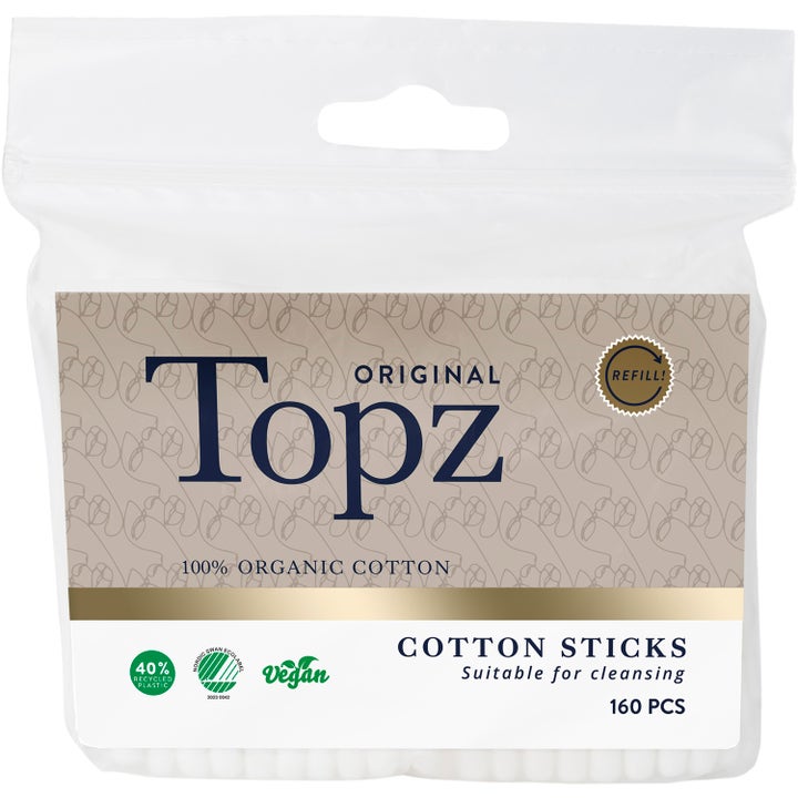 Topz Original Cotton Sticks 160 stk økologiske bomullspinner for rensing i en gjennomsiktig refillpose med beige etikett