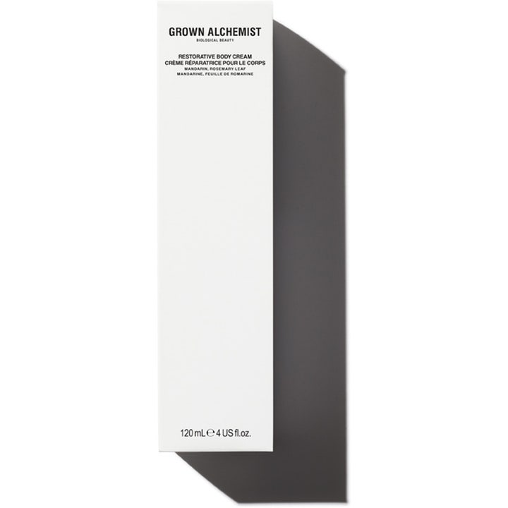 Grown Alchemist Restorative Body Cream 120 ml gjenoppbyggende kroppskrem i hvit minimalistisk ytteremballasje