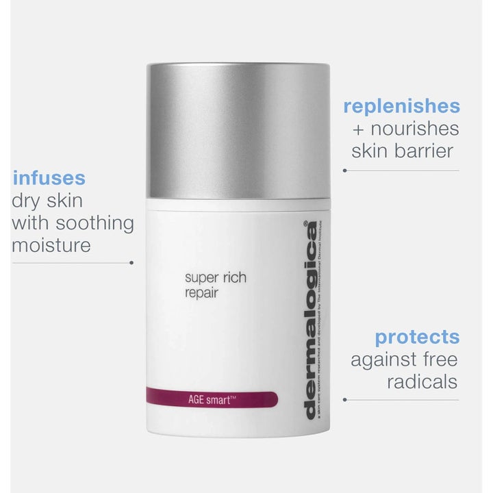 Dermalogica AGE smart Super Rich Repair ansiktskrem i hvit flaske med sølvkork som pleier og styrker hudbarrieren.