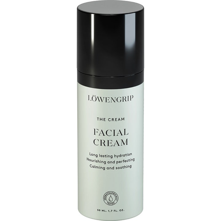 Löwengrip The Cream Facial Cream 50 ml beroligende ansiktskrem i en lys grønn sylindrisk flaske med sort kork.