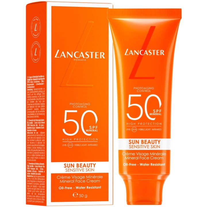 Lancaster Sun Sensitive Sun Beauty Mineral Face Cream 50 ml mineralbasert solkrem i oransje tube og eske med SPF 50.