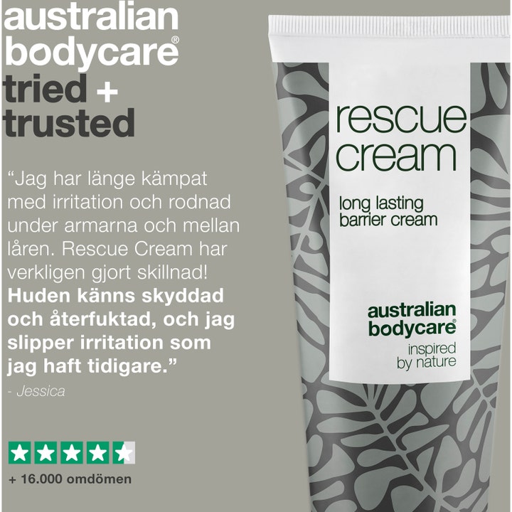 Australian Bodycare Rescue Cream 100 ml barrierekrem mot rødhet vist med en kundeomtale og fem stjerner