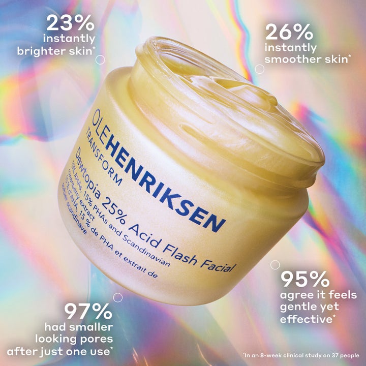 Ole Henriksen Dewtopia 25% Acid Flash Facial 50 ml i gul krukke med AHA og PHA som gir glød og mindre synlige porer.