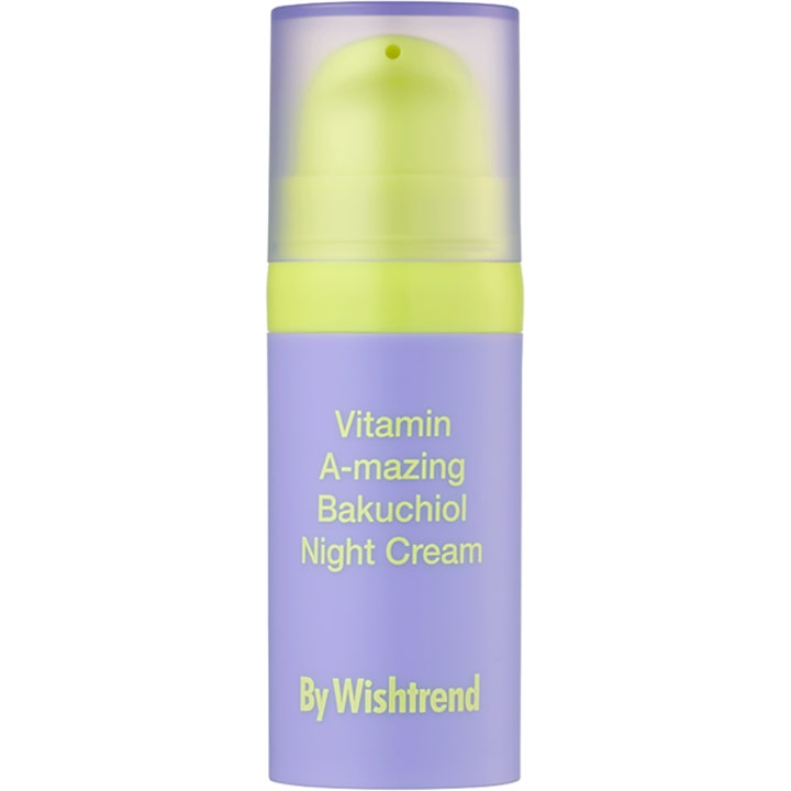 By Wishtrend Vitamin A-mazing Bakuchiol Night Cream fornyende nattkrem i lilla pumpeflaske med limegrønn pumpe og frostet lokk