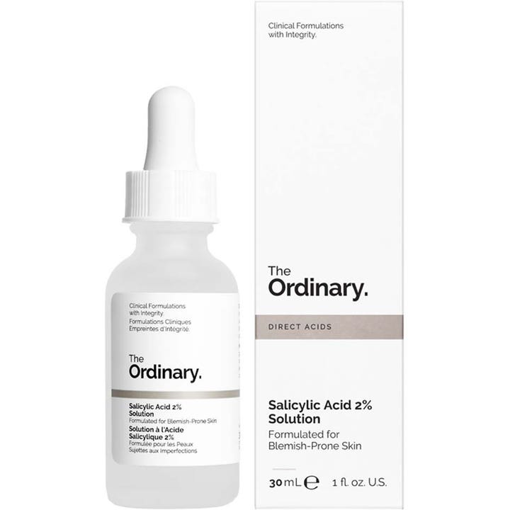The Ordinary Salicylic Acid 2% Solution 30 ml eksfolierende serum mot urenheter i frostet glassflaske og eske