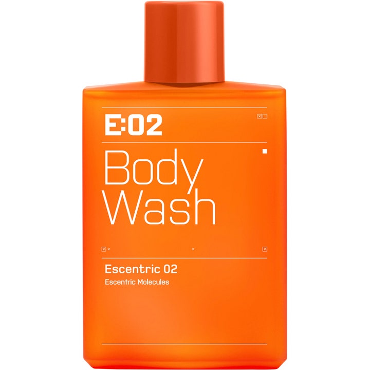 Escentric Molecules Escentric 02 Body Wash oppfriskende dusjsåpe i en firkantet oransje flaske med hvit tekst