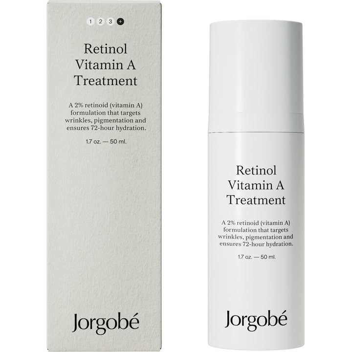 Jorgobé Retinol Vitamin A Treatment 50 ml serum mot rynker og pigmentflekker i hvit pumpeflaske med eske.