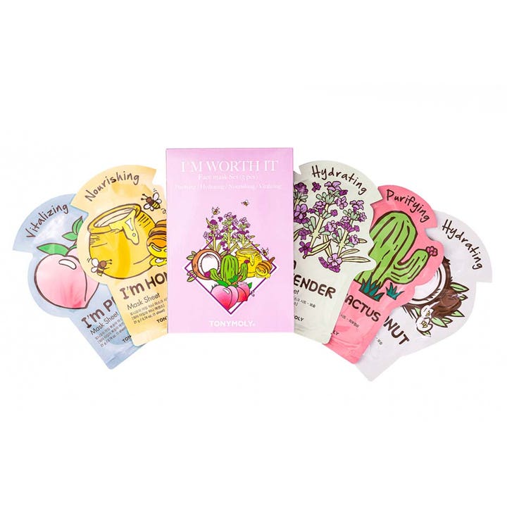 TONYMOLY I'M WORTH IT Face Mask Set 5 stk pleiende ansiktsmasker i en rosa eske med fargerike illustrasjoner.
