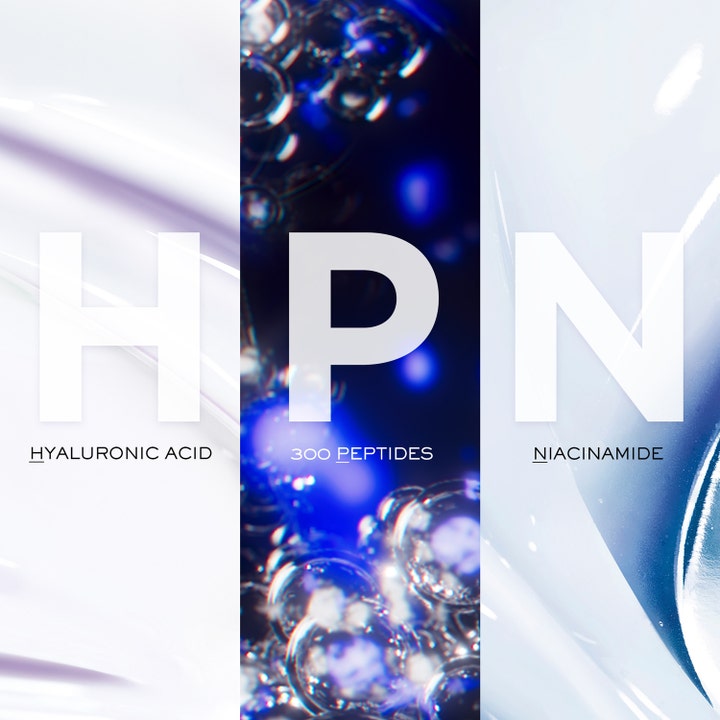 Lancôme Rénergie HPN 300-Peptide Cream 50 ml dagkrem viser Hyaluronic Acid 300 Peptides og Niacinamide i teksturbilder