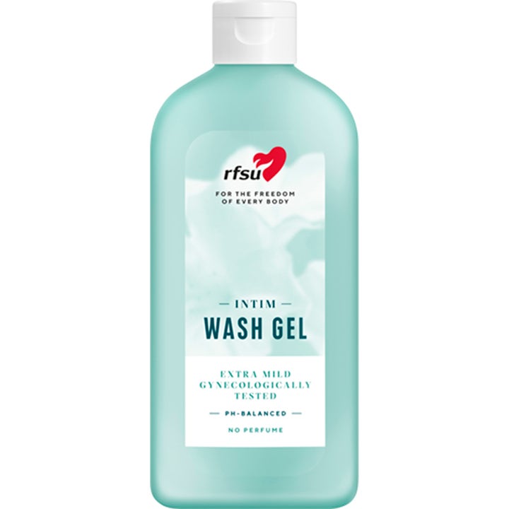 RFSU Intim Wash Gel 150 ml pH-balansert intimvask som renser skånsomt i lyseblå plastflaske med hvit kork.