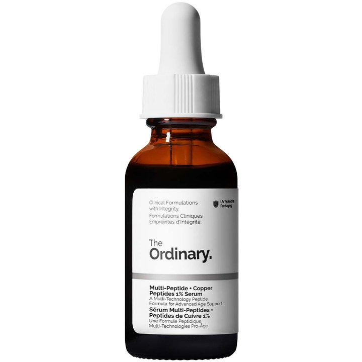 The Ordinary Multi-Peptide + Copper Peptides 1% Serum 30ml styrkende ansiktsserum i mørk glassflaske med hvit pipette