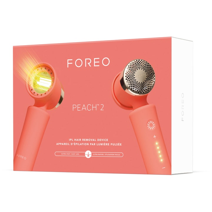 FOREO PEACH 2 IPL hårfjerning for silkemyk hud i en ferskenfarget eske med bilde av apparatet.