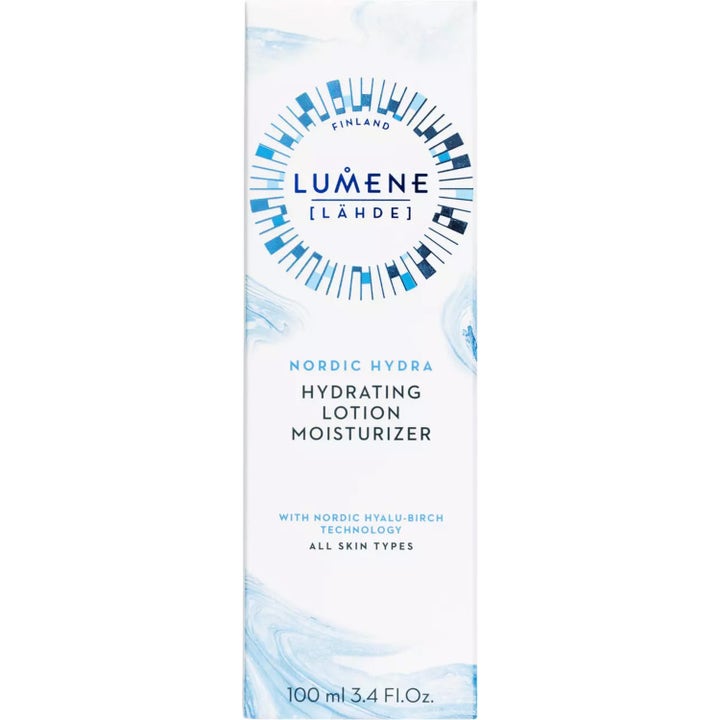 Lumene Nordic Hydra Hydrating Lotion 100 ml fuktgivende dagkrem i hvit eske med blått sirkeldesign og vannmønster.