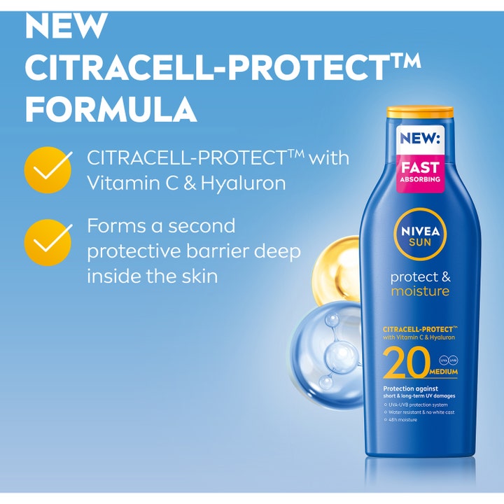 NIVEA Protect & Moisture Sun Lotion SPF20 200 ml solkrem med Citracell-Protect Vitamin C og Hyaluron