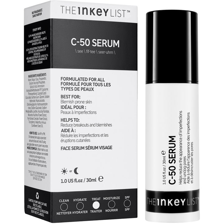The INKEY List C-50 Serum 30 ml ansiktsserum mot urenheter i hvit pumpeflaske med svart kork og tilhørende eske