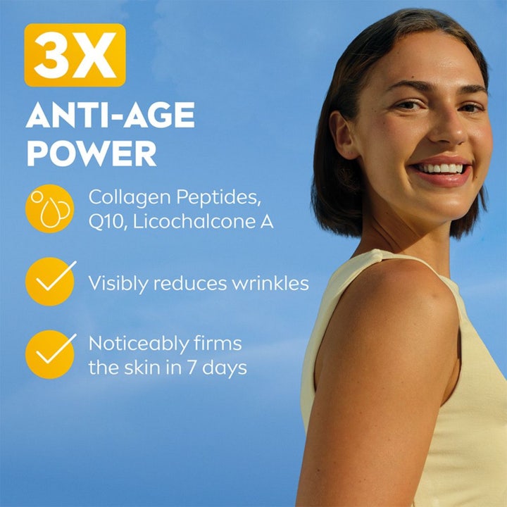 NIVEA UV Face Anti-Age Q10 Cream 40 ml solkrem for ansiktet viser en smilende kvinne og tekst om Q10 og fastere hud.