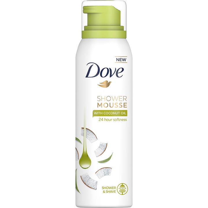 Dove Shower Mousse with Coconut Oil fuktighetsgivende dusjskum i hvit sprayflaske med lysegrønt lokk og kokosdekor