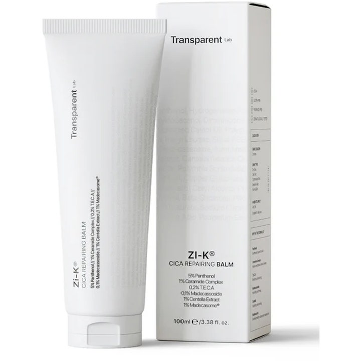Niche Beauty Lab Transparent Lab Zi-K Cica Repairing Balm 100 ml beroligende ansiktskrem i hvit tube og eske.